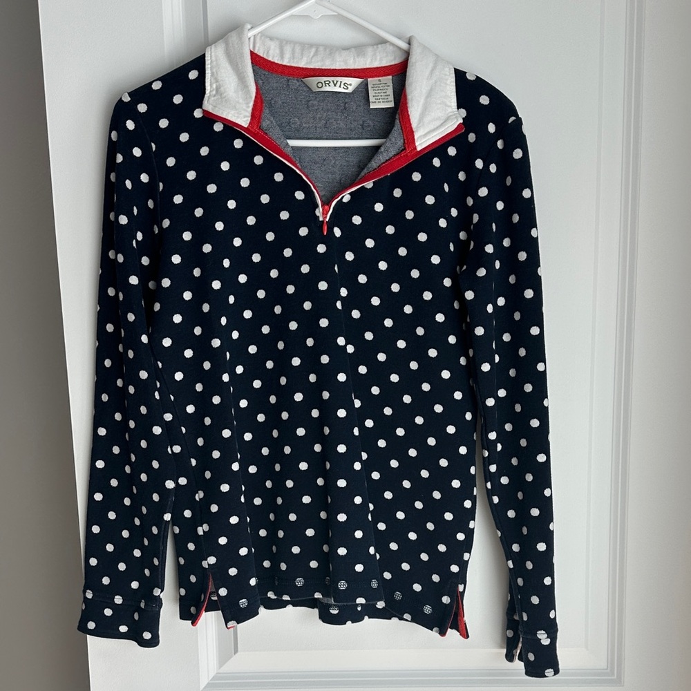 Orvis Navy and White Polka Dot 1/4 Zip Sweater Size Small
